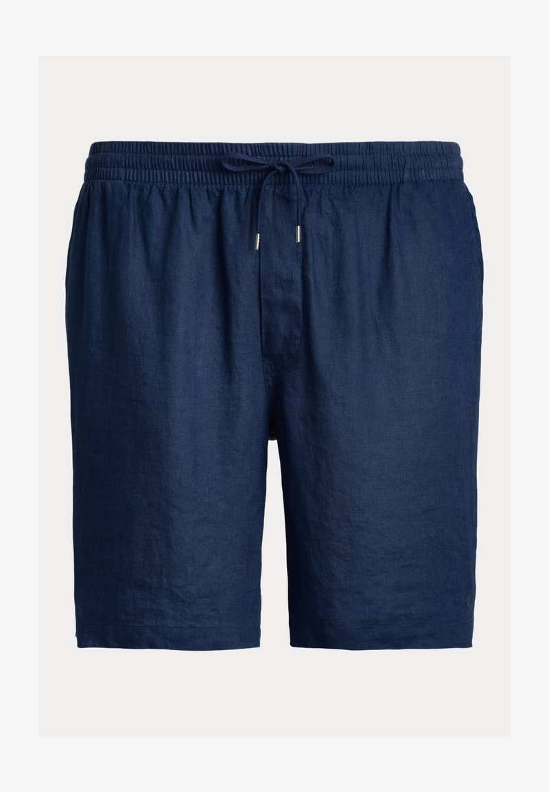 Navy zila lina shorti ar elastīgu jostu un auklu. Iespējas gluda tekstūra un brīvs piegriezums, piemērots ikdienas valkāšanai.