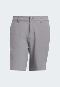Pantaloni corti grigi realizzati in tessuto liscio, con una tasca frontale, passanti per cintura e una chiusura con bottone in metallo. Design semplice e gamba dritta.