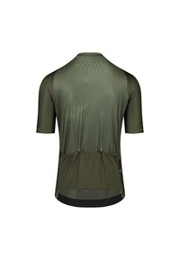Maillot de cyclisme à manches courtes, de couleur olive, avec un motif texturé, trois poches arrière et un ourlet incurvé pour une coupe ajustée.