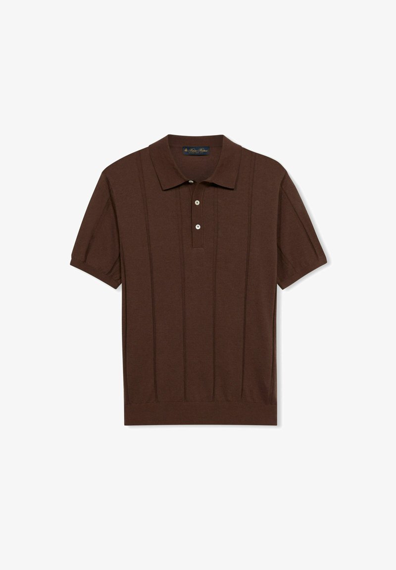 Polo en tricot marron à manches courtes avec deux boutons, motif côtelé vertical et col.