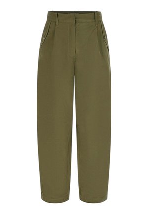 Pantaloni a vita alta verde oliva con gamba dritta, tasche laterali con bottoni, passanti per cintura e chiusura frontale nascosta.