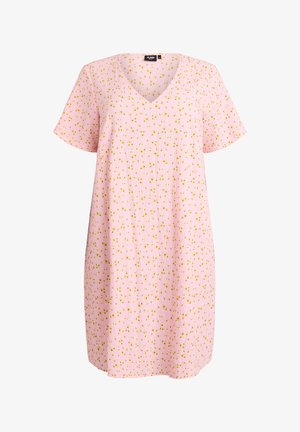 Rosa Kleid mit kurzen Ärmeln und V-Ausschnitt, aus strukturiertem Stoff mit kleinen gelben Blumenmustern.