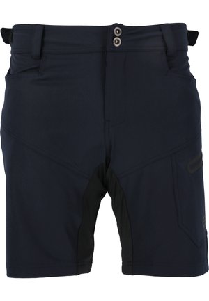 Shorts bleu marine foncé avec des accents noirs, fabriqués en tissu extensible. Dotés de deux poches avant et d'une taille partiellement élastique avec des boutons.
