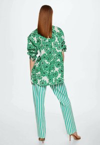 Camicia verde con motivo floreale e maniche ampie, abbinata a pantaloni a righe verticali verdi e bianche. Sfondo chiaro, design ad alta visibilità.