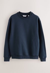 Felpa blu navy con scollo rotondo a coste, maniche lunghe e polsini e orlo a coste. Tessuto liscio e design semplice.