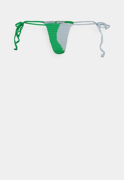 Green and gray crocheted bikini bottom with thin ties, featuring a triangular shape and textured pattern.