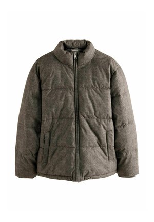 Polstret jakke i mørkegrå stof, med høj krave, lynlås lukning og sidelommer; quiltet struktur med horisontal syning.