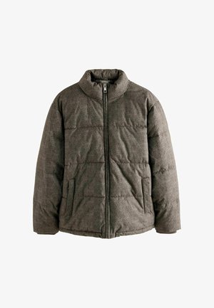 Padded jacket in dark gray fabric, featuring a high collar, zip closure, and side pockets; quilted texture with horizontal stitching.