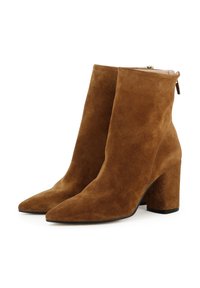 Stivaletti alla caviglia in pelle scamosciata marrone con punta affilata e tacco largo. Presentano una chiusura con zip sul retro per una facile vestibilità.