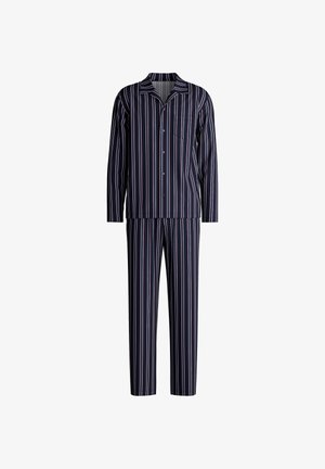 Navy gestreiftes Pyjama-Set mit langen Ärmeln, einem knöpfbaren Hemd mit Tasche und passenden Hosen in lässiger Passform.