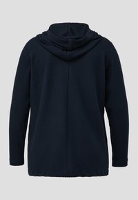 Granatowa, ribbed bluza z kapturem o opadającym kołnierzu i długich rękawach, z bezszwowym tyłem. Miękki, teksturowany materiał.