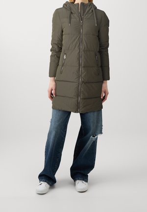Khaki puffer coat with a hood, zip closure, and two side pockets. Features horizontal stitching and a lightweight, slightly shiny texture.
