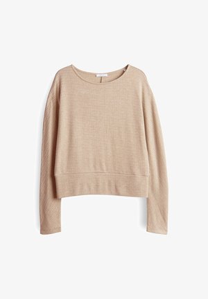Beige langemouw cropped sweater met een textuur gebreid patroon, met een ronde hals en een ontspannen pasvorm aan de onderkant.