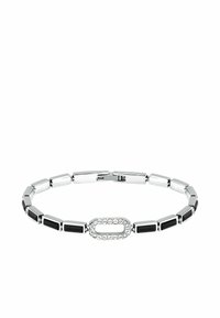 Silver armband med rektangulära länkar, med svarta infällningar och en central design av klara rhinstenar omgivna av en oval form.