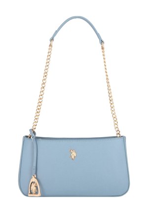 Sac à main en cuir bleu clair avec bandoulière chaîne dorée et petit logo doré de cavalier centré devant.