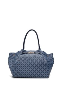 Blue patterned tote bag with a geometric design, made of durable fabric, featuring two handles and a gold-toned hardware accent.