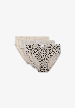 Drei Paare Damenunterhosen in Beige, Grau und mit Leopardenmuster. Aus weichem Stoff mit elastischem Bund und zarter Naht.