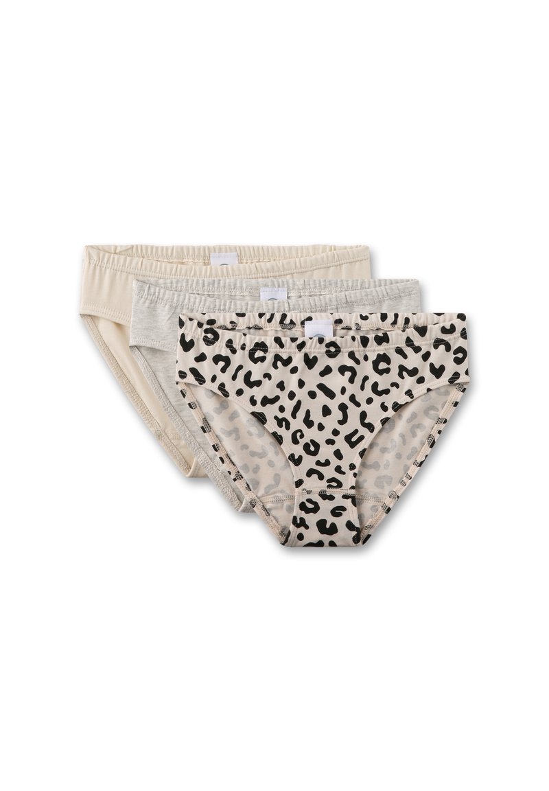 Drei Paare Damenunterhosen in Beige, Grau und mit Leopardenmuster. Aus weichem Stoff mit elastischem Bund und zarter Naht.