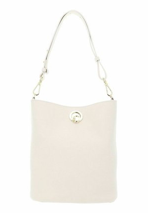 Sac à bandoulière en cuir blanc avec sangle réglable et fermeture à loquet doré au centre avant.