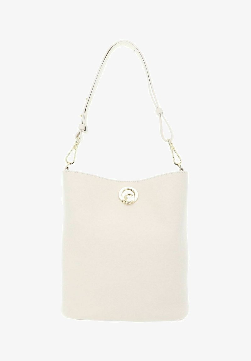 Sac à bandoulière en cuir blanc avec sangle réglable et fermeture à loquet doré au centre avant.