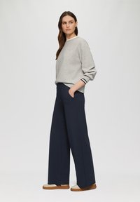 Grijze sweatshirt met witte ronde hals, zwarte streepaccenten op de mouwen. Brede marineblauwe broek met zijzakken en tan sneakers.