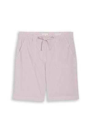 Shorts en coton à fines rayures rose clair et blanc, avec poches avant, taille élastique et cordon.