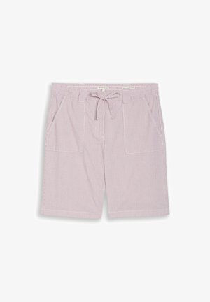 Hellrosa-weiße, dünn gestreifte Baumwollshorts mit Fronttaschen, elastischem Bund und Kordelzug.