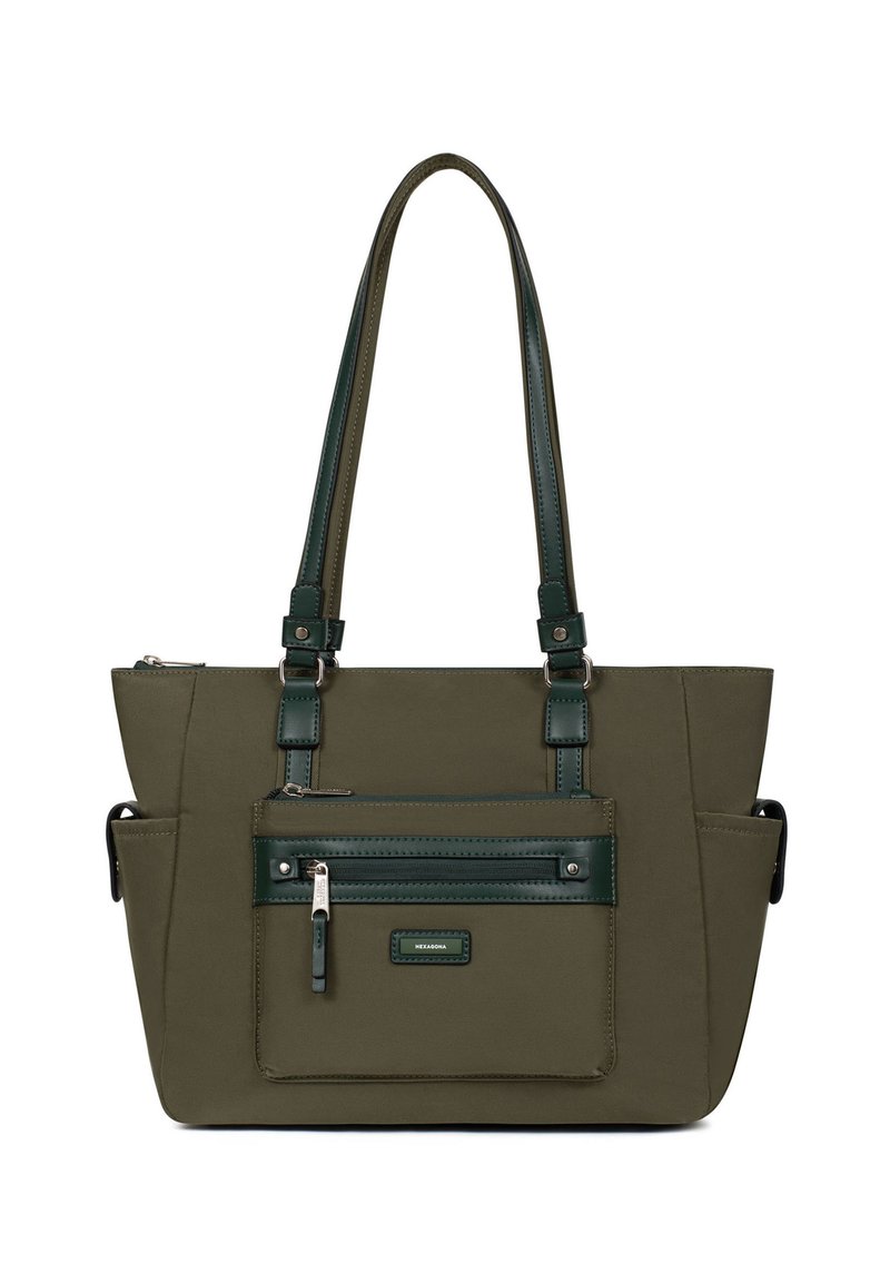 Groene nylon draagtas met twee schouderriemen, een voorzak met rits en glanzende leren accenten. Heeft een gestructureerde vorm en meerdere compartimenten.