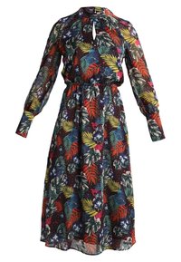 Robe à motif floral en tissu léger, dotée d'un décolleté en forme de trou de serrure, de manches longues et d'une taille élastique avec des couleurs vives.
