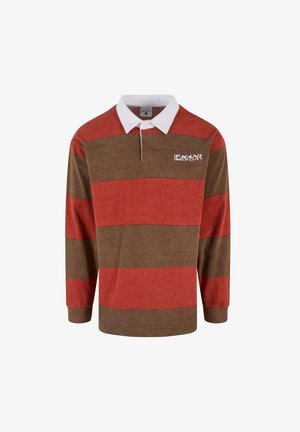 Polo a maniche lunghe a righe rosse e marroni con colletto bianco. Presenta un logo ricamato sul petto e una chiusura a bottoni. Materiale in cotone.