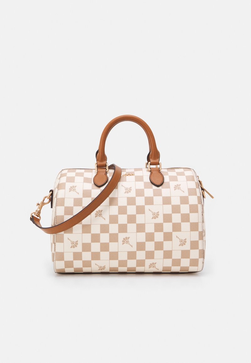 Beige-ruudullinen käsilaukku, jossa on ruskeat nahkahihnat ja säädettävä olkahihna. Ruudukkokuvion päällä on kukkakoristeita, ja laukussa on vetoketjukiinnitys.