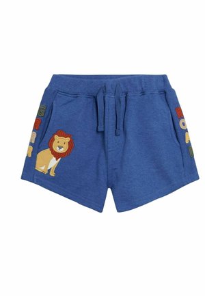 Blå bomuldsshorts med en broderet løvegrafik og farverig tekst på siderne. Snøre i taljen og sidelommer.