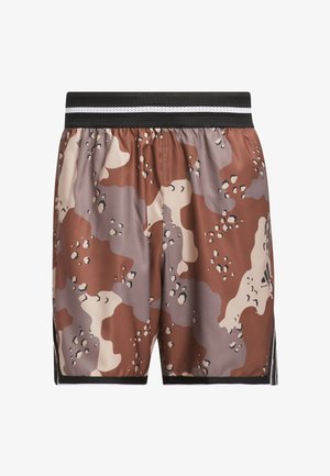 Braune und graue Camouflage-Shorts mit einem schwarzen elastischen Bund, versehen mit einem weißen Streifen und schwarzen Akzenten an den Seiten. Leichter Stoff.
