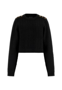 Maglione cropped nero con un motivo a zigzag testurizzato, scollatura rotonda e dettagli in oro con bottoni sulle spalle. Maniche lunghe e polsini a coste.