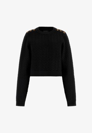 Pulover scurt negru cu un model texturat în zigzag, decolteu rotund și accente cu nasturi aurii pe umeri. Mâneci lungi și manșete cu draperie.