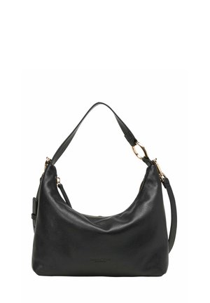 Sac à épaule en cuir noir avec une finition texturée, forme incurvée, quincaillerie dorée et une bandoulière amovible. Fermeture éclair sur le dessus.