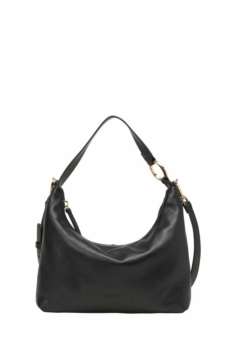 Schwarze Leder-Schultertasche mit strukturierter Oberfläche, geschwungener Form, goldfarbenen Beschlägen und abnehmbarem Tragegurt. Reißverschluss oben.