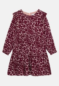 Abito lungo a maniche lunghe di colore bordeaux con motivo floreale, scollatura a volant, design a strati e vita arricciata. Tessuto morbido con fodera rosa.