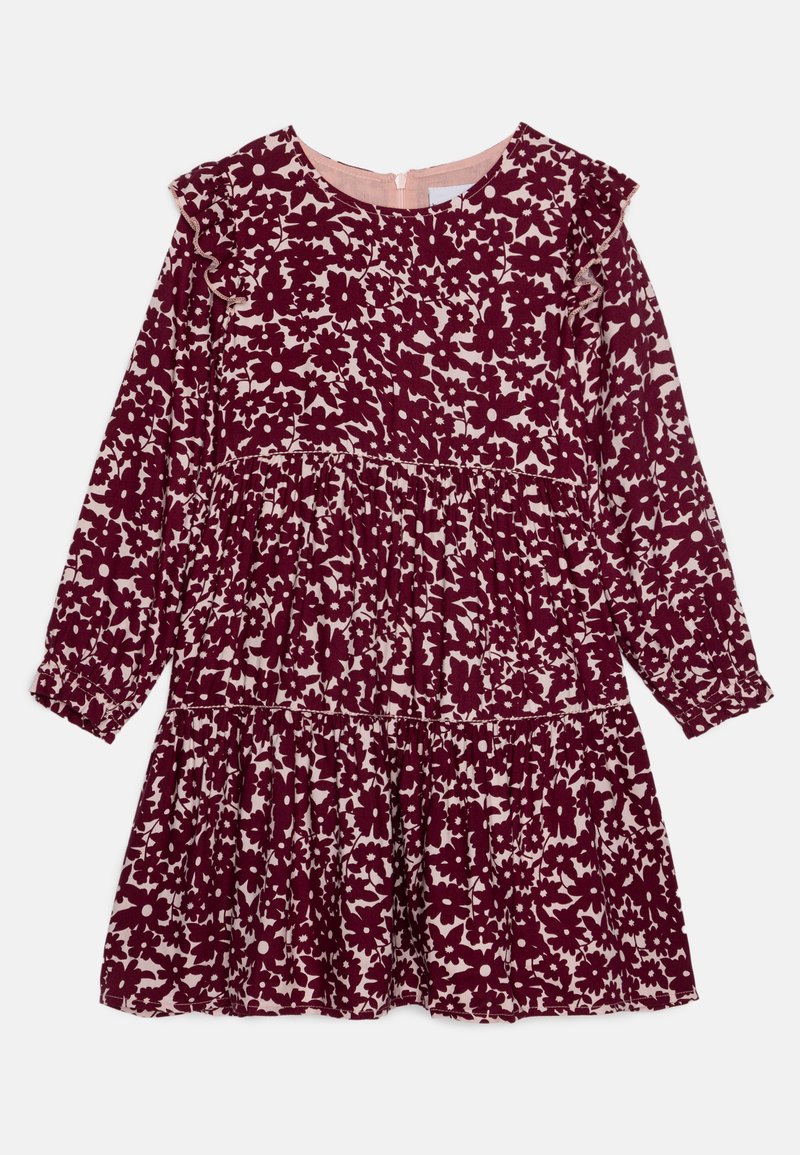 Abito lungo a maniche lunghe di colore bordeaux con motivo floreale, scollatura a volant, design a strati e vita arricciata. Tessuto morbido con fodera rosa.