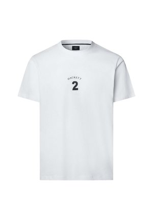 Vit bomullströja med rund halsringning och korta ärmar. Framsidan visar "HACKETT" i arkform över siffran "2" i svart.