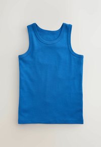 Débardeur bleu en coton sans manches avec encolure ronde, posé à plat sur un fond clair.