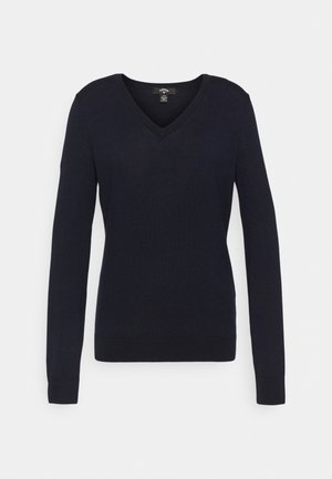 Mörkblå stickad tröja med långa ärmar och V-ringning. Har ribbade muddar och nederkant. Mjuk textur och minimalistisk design.