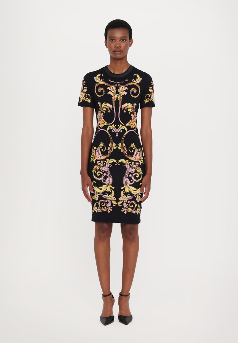 black and gold versace dress Versace Jeans Couture Black Gold Baroque-Print Fitted T-Shirt Dress