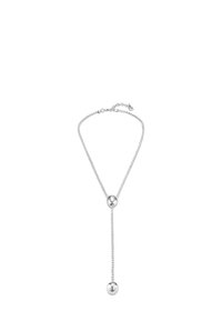 Collar de plata con una cadena delgada, que presenta dos acentos esféricos, uno en el centro y otro colgando abajo en un diseño elegante.