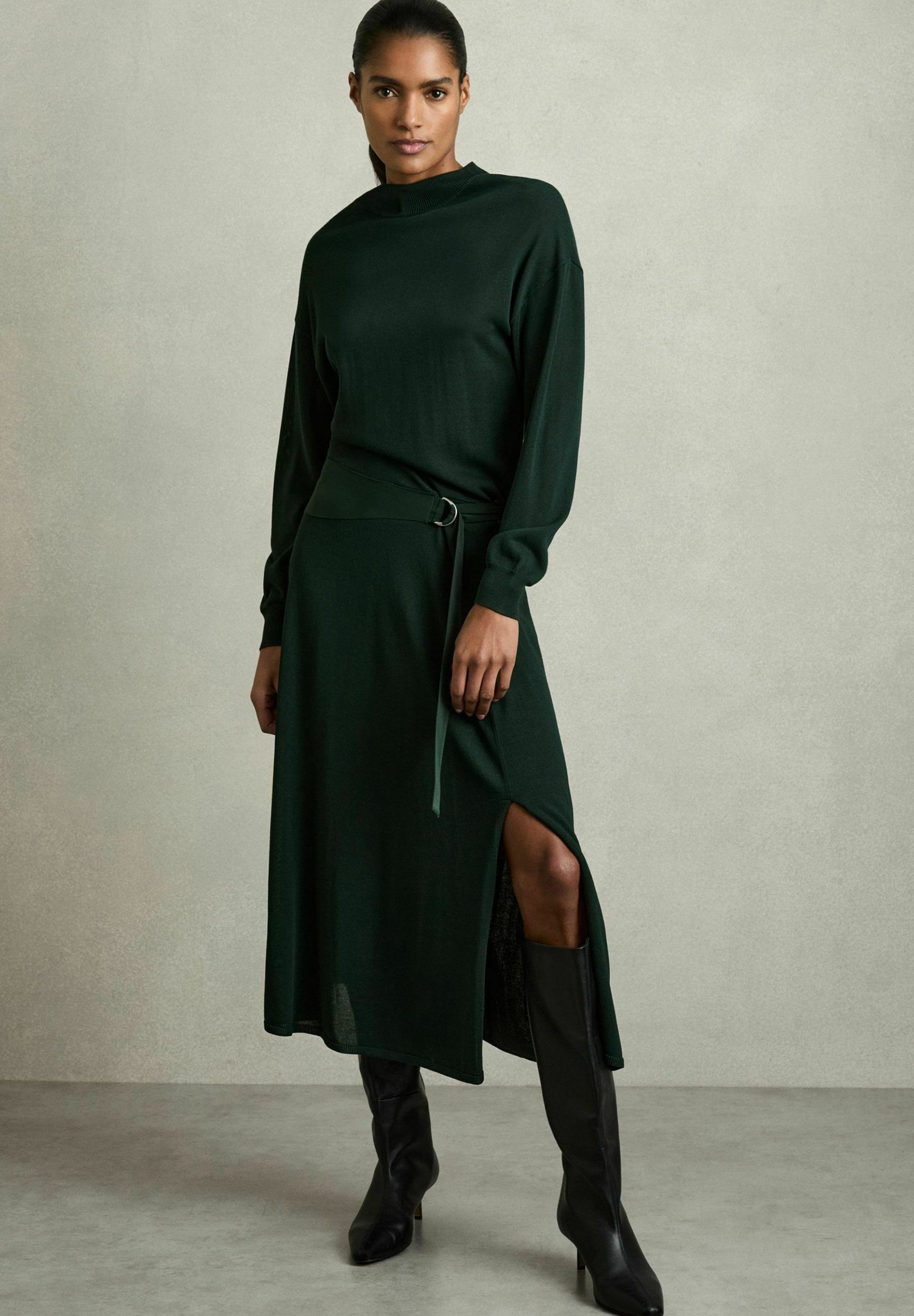 slim fit dress slacks REISS Green Ginny Petite Ruched Jersey Midi Dress UK 6 main image 0