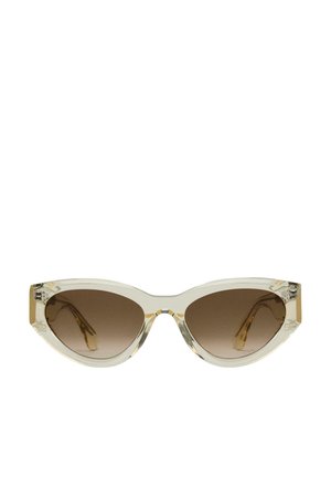 Lunettes de soleil en forme d'ailes de chat avec des montures transparentes, des verres dégradés bruns et des accents de design géométrique sur les branches. Fini lisse et brillant.