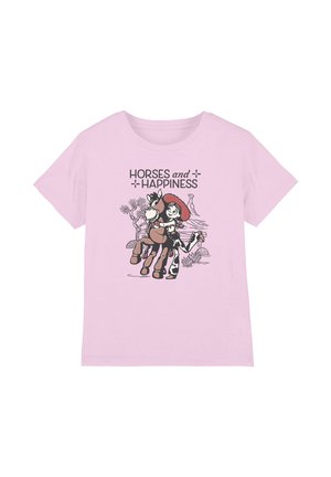 Pink T-shirt with cartoon girl wearing a cowboy hat hugging a smiling horse, text reads "HORSES and HAPPINESS."