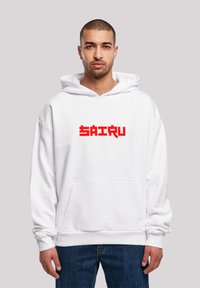 White hooded sweatshirt featuring a central red "SAIRU" graphic. It has a front pocket and is made of soft, textured fabric.