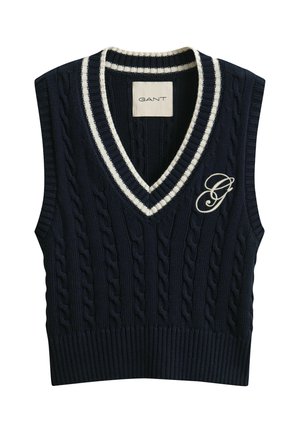 Marineblaues ärmelloses Pulloverweste aus Kabelstrick mit weiß gestreiftem V-Ausschnitt und besticktem "G"-Logo auf der linken Brust.