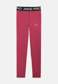 Leggings roses ajustés avec une taille noire arborant "NIKE PRO" en texte blanc et un petit logo Nike blanc sur la cuisse.